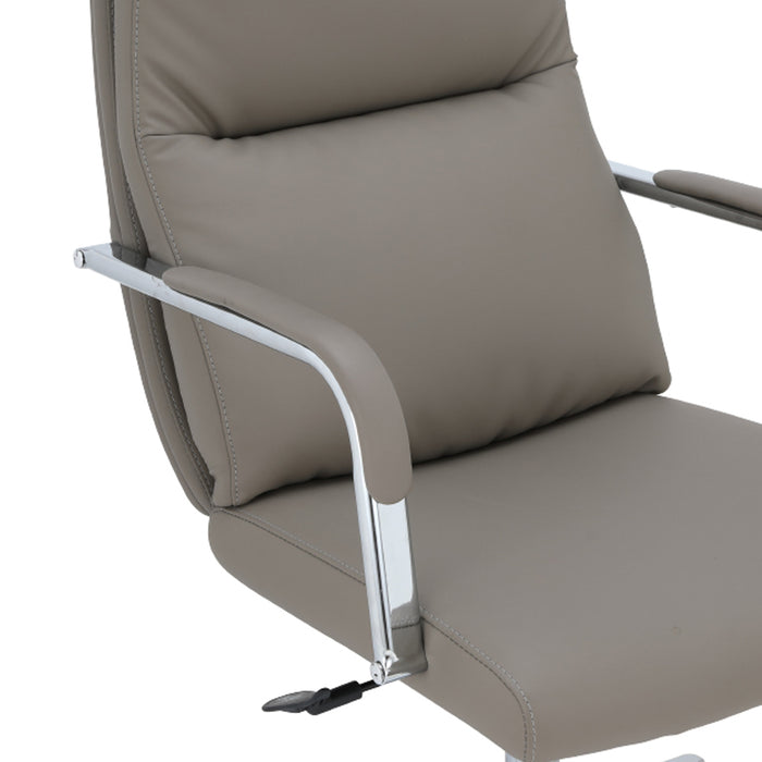 Taupe padded chair back with curved chrome arm support and stitched cushioning.