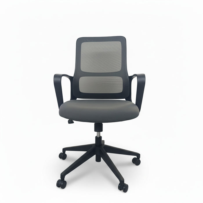 COOPER office chair front view, dark frame, mesh back and cushioned seat on casters