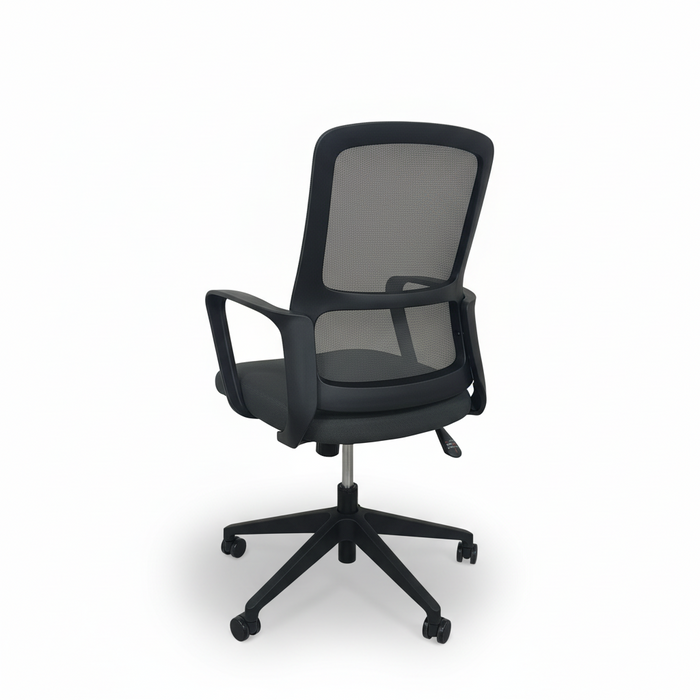 COOPER office chair angled view, dark armrests, mesh back, swivel casters