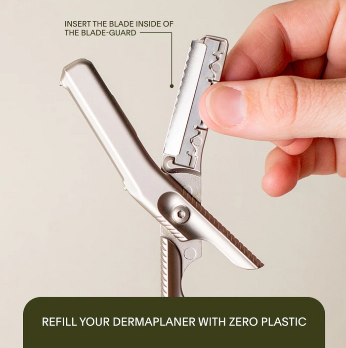 Hand using a dermaplaner with text on how to insert the blade and refill it.