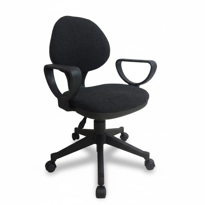 Black office chair with padded fabric seat, curved backrest, armrests, and rolling caster base
