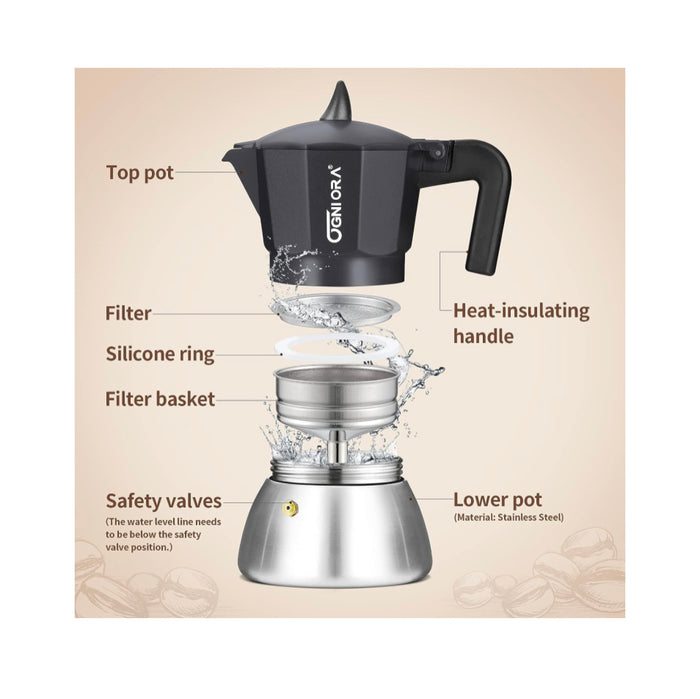 Espresso Maker Moka Pot, Black OGNI ORA Stovetop 6 Cup(300 ml) & 1-Caffe Borbone Ground Coffee – 8.8 oz Freshly Roasted – Miscela
