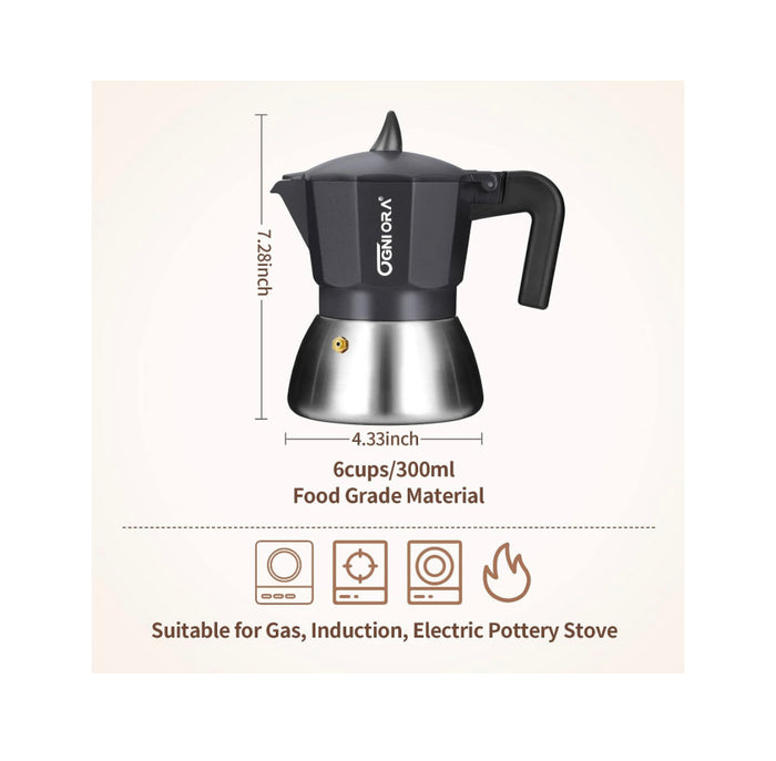 Espresso Maker Moka Pot, Black OGNI ORA Stovetop 6 Cup(300 ml) & 1-Caffe Borbone Ground Coffee – 8.8 oz Freshly Roasted – Miscela
