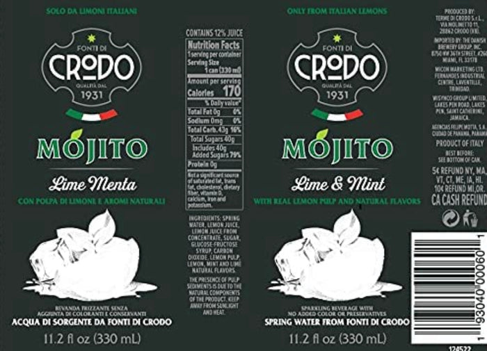 Fonti Di Crodo - Mojito, Italian Sparkling Beverage with Lime & Mint, 11.2 Oz. Cans (Pack of 24)