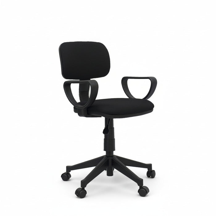 Black office chair with padded backrest, seat, armrests, and wheeled swivel base