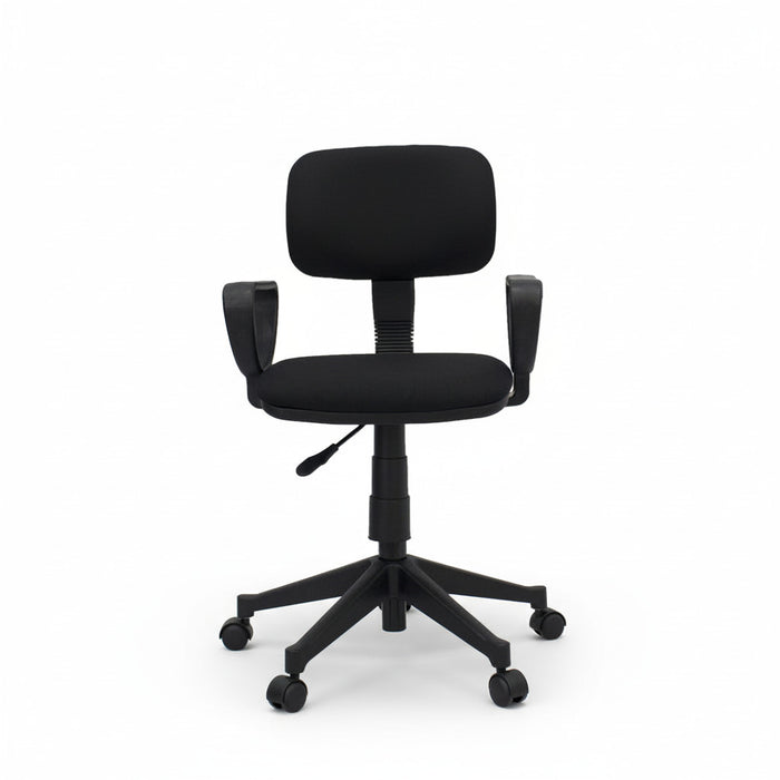 Black office chair with tall padded backrest, curved armrests, and wheeled swivel base