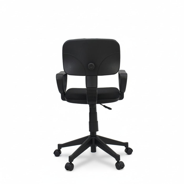 Black office chair with headrest-like padded back, armrests, and wheeled swivel base