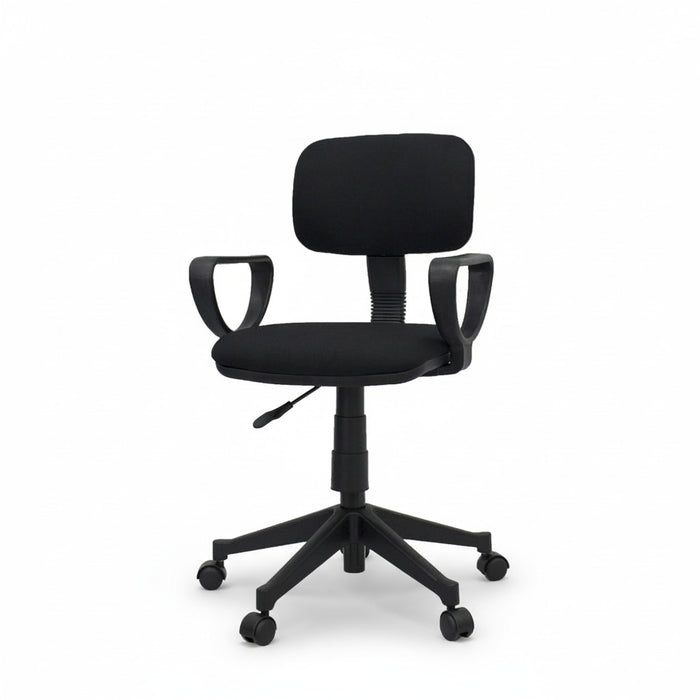 Black office chair with padded backrest and seat, armrests, height-adjust lever, swivel base