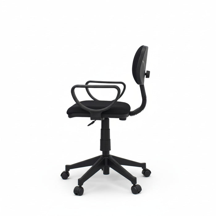 Black office chair with padded seat, curved armrests, and wheeled swivel base