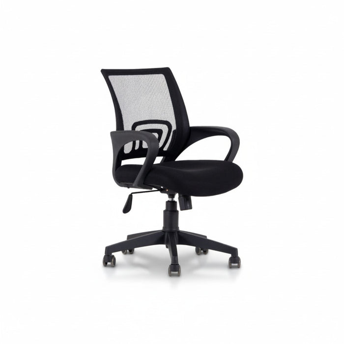 Black office chair with mesh back, padded seat, armrests, swivel base and casters