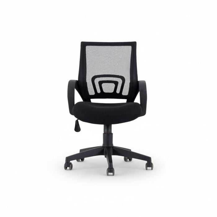 Black mesh office chair with padded seat, armrests, swivel base and casters