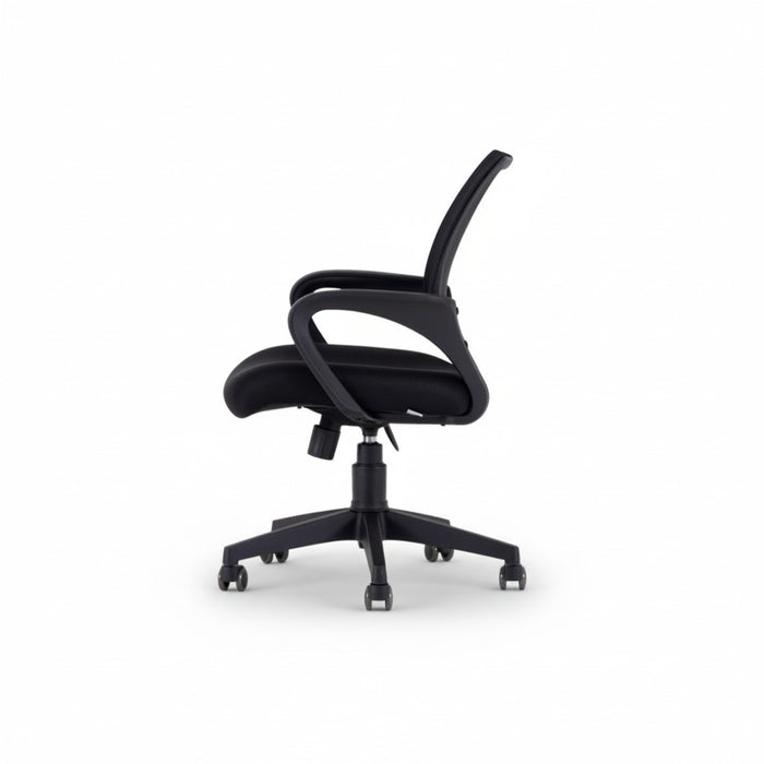 Black office chair with curved armrest, mesh back, padded seat, swivel base and casters