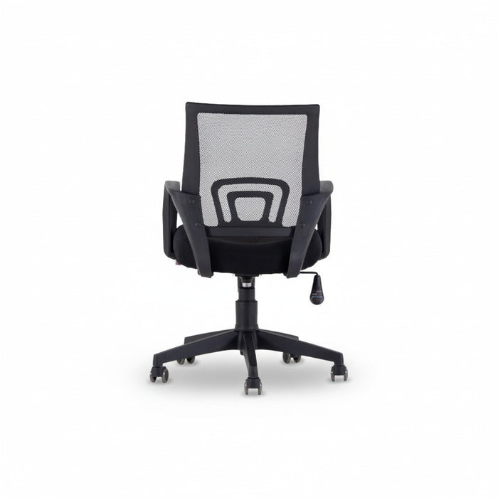 Black office chair with mesh back and padded seat, armrests, swivel base