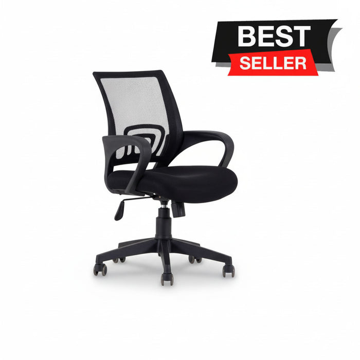 Black office managerial chair with mesh back, padded seat, armrests, swivel base