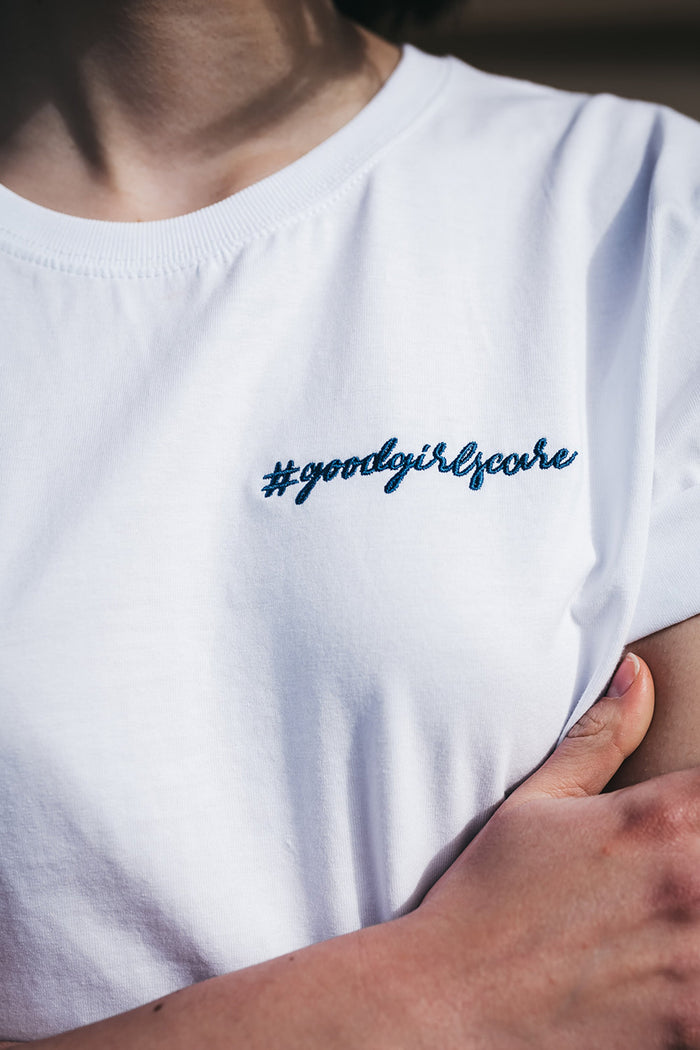 Shop #goodgirlscare tee white & blue embroidery by thegreenlabels on thegreenlabels.com