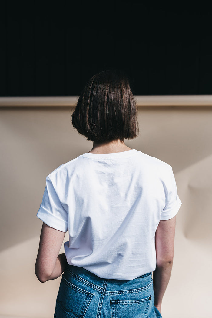 Shop #goodgirlscare tee white & blue embroidery by thegreenlabels on thegreenlabels.com