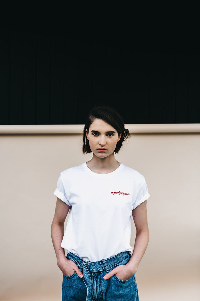 Shop #goodgirlscare tee white & red embroidery by thegreenlabels on thegreenlabels.com