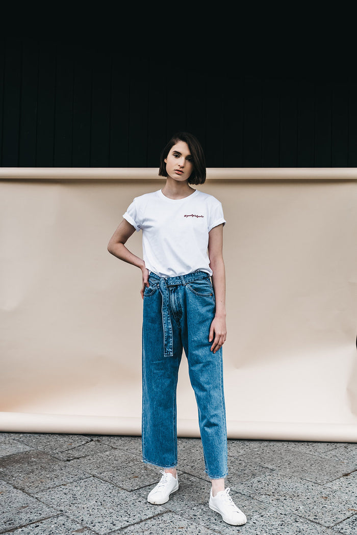 Shop #goodgirlscare tee white & red embroidery by thegreenlabels on thegreenlabels.com