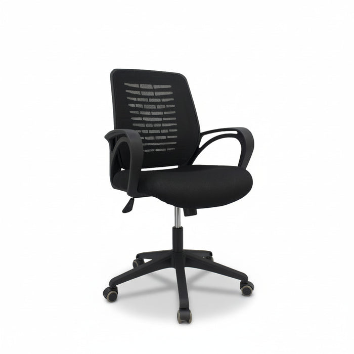 Black mesh managerial chair with padded seat, armrests, and swivel base with casters