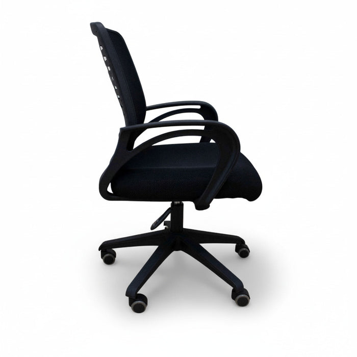 Black managerial chair with mesh back, padded seat, and swivel base with casters