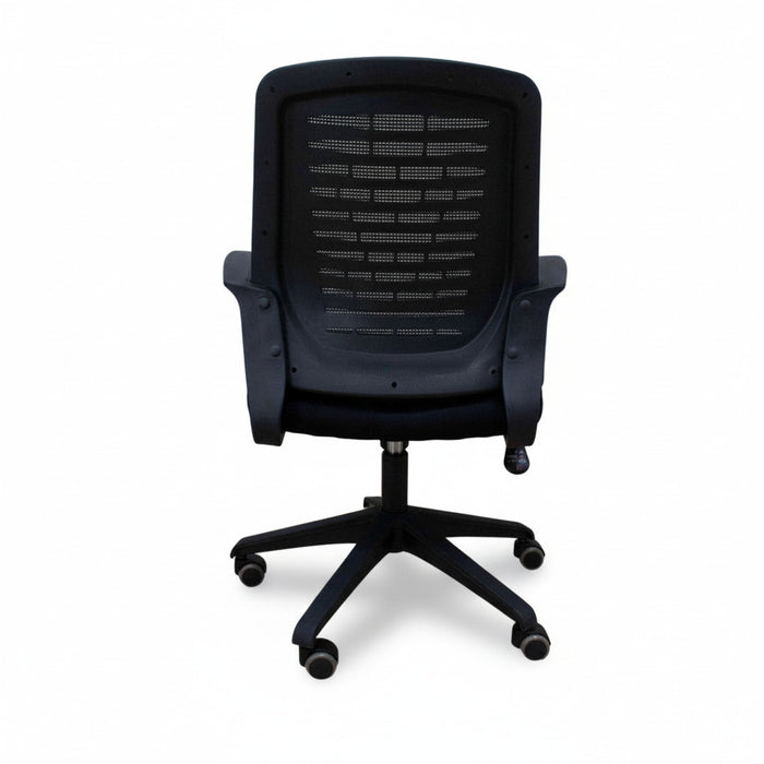 Black mesh back managerial chair with padded seat, side wings, and swivel caster base