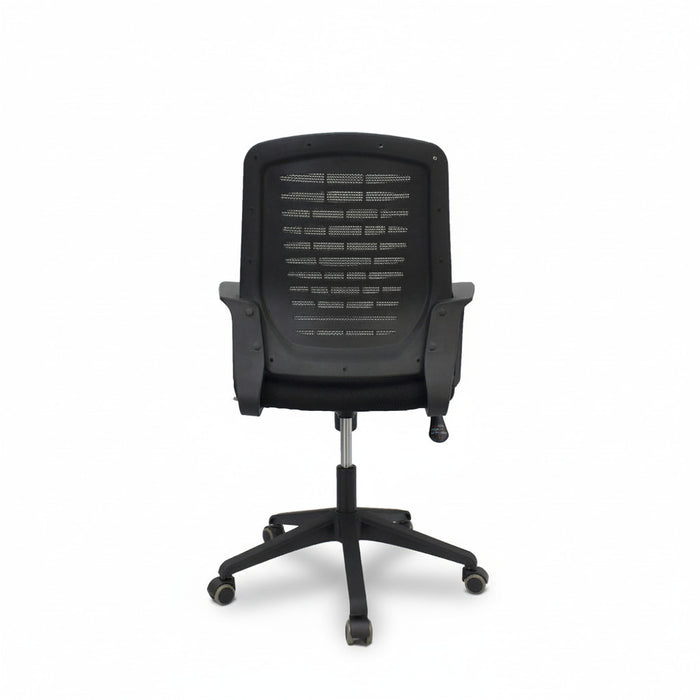 Black mesh managerial chair with padded seat, armrest supports, and four-caster base
