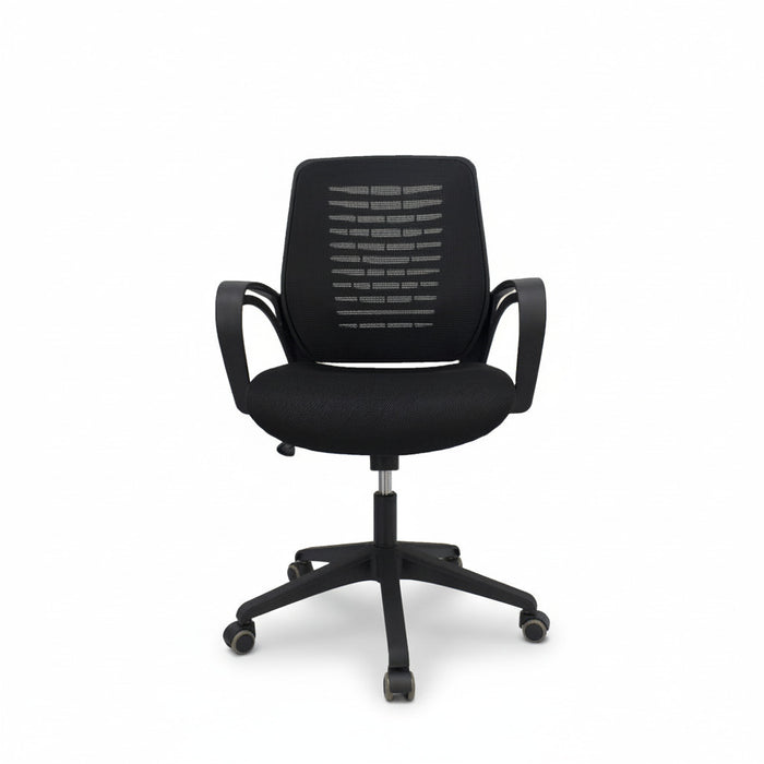Black managerial chair with mesh back, padded seat, armrests, and star base with casters