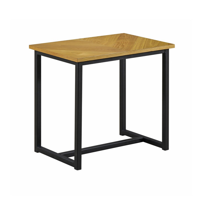 Wood side table with square legs and black metal frame, open under-shelf
