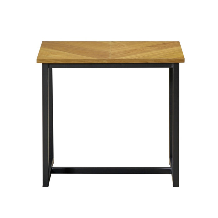 Wood side table with black metal legs and open under-shelf, square top