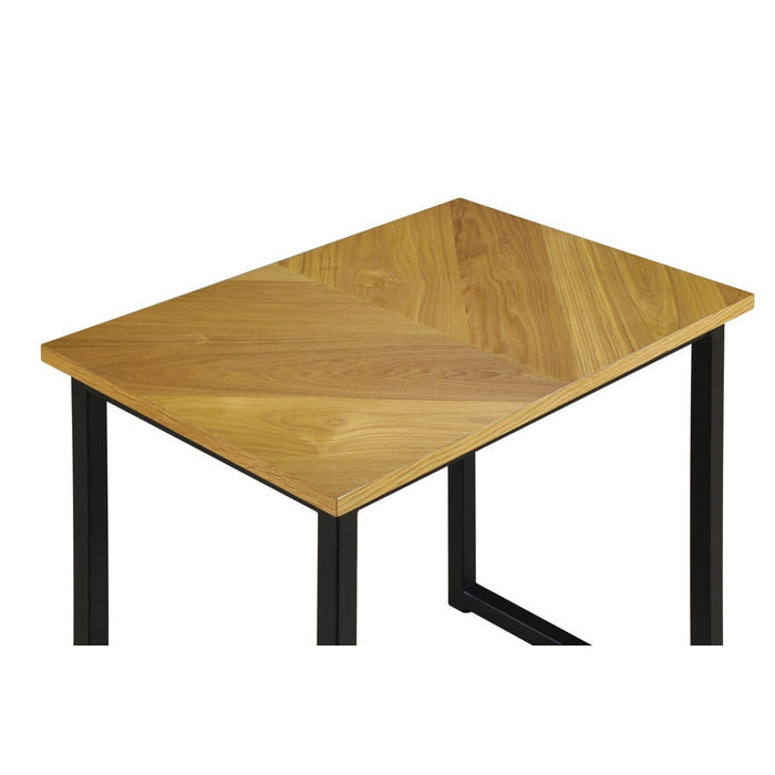 Square wood side table with black metal frame and open under-shelf