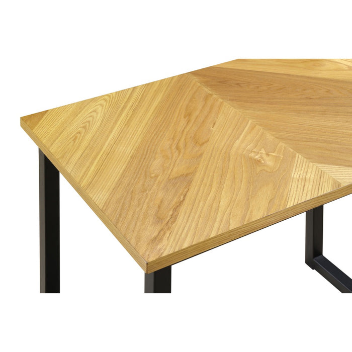 Corner close-up of wood side table top with black metal legs and frame