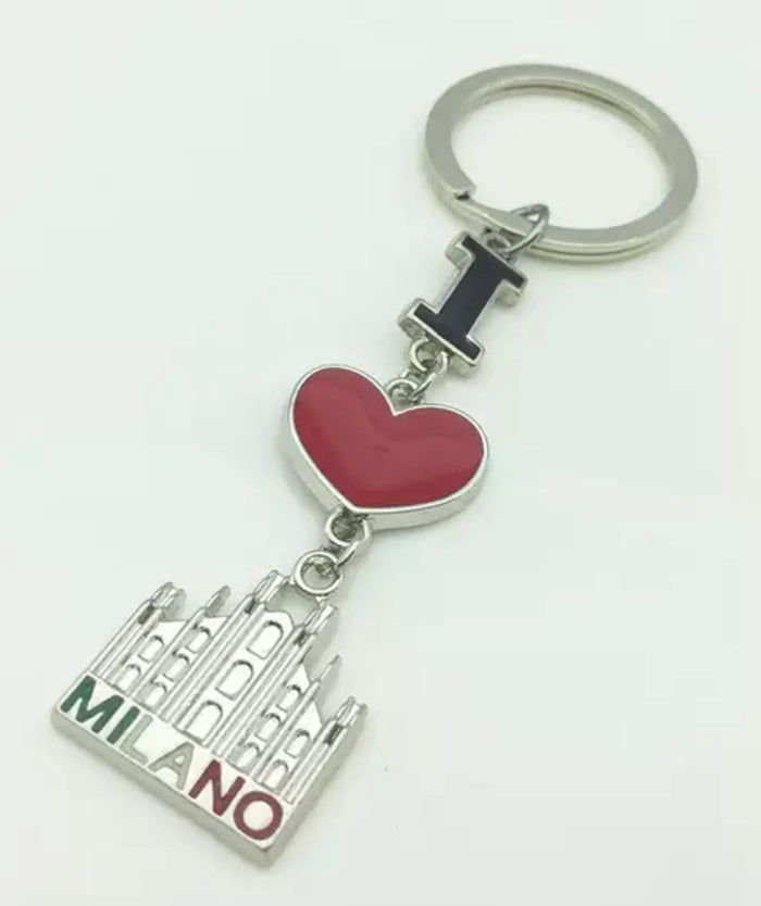 I Love Milano Red Heart Italy Metal Alloy Silver Chrome Keychain