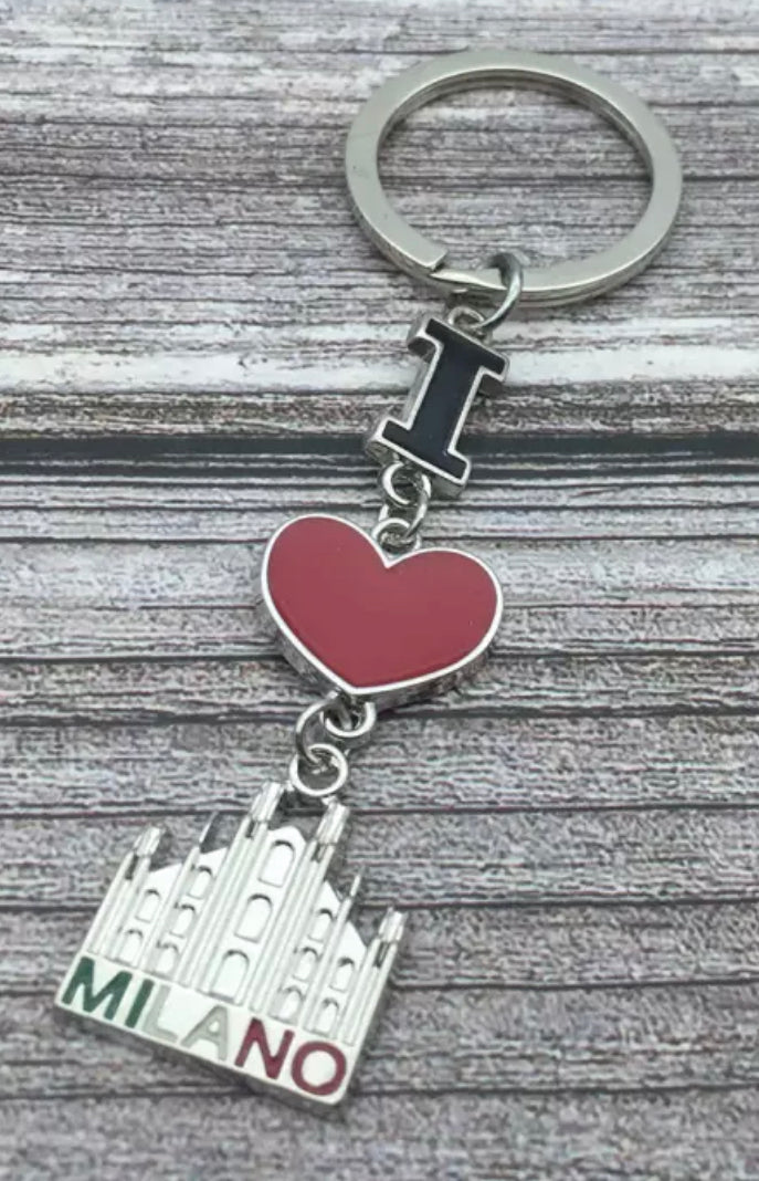 I Love Milano Red Heart Italy Metal Alloy Silver Chrome Keychain