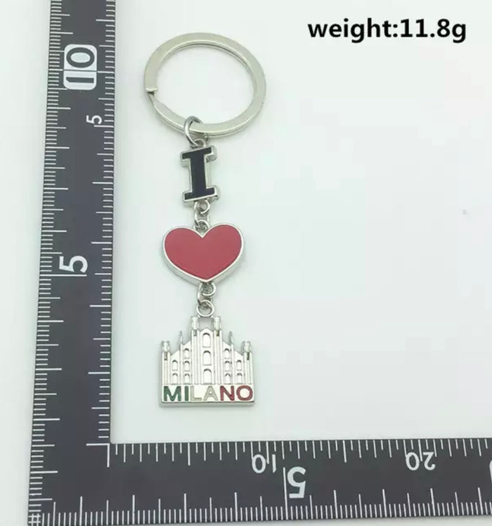 I Love Milano Red Heart Italy Metal Alloy Silver Chrome Keychain