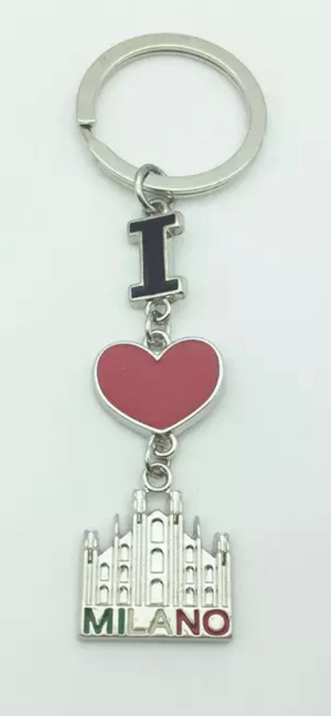 I Love Milano Red Heart Italy Metal Alloy Silver Chrome Keychain
