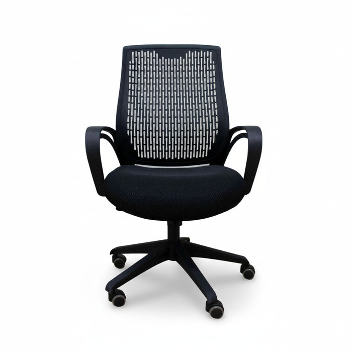 Managerial chair with black mesh backrest and padded seat, curved armrests, swivel base