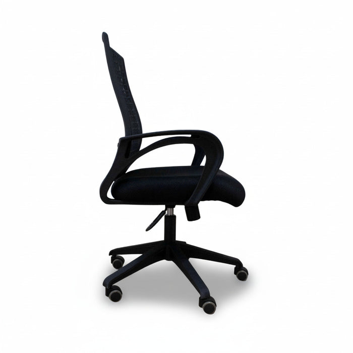 Managerial chair with curved armrests, black padded seat and mesh back, swivel casters