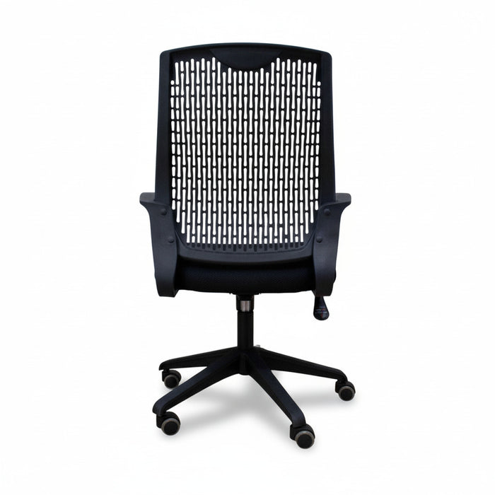 Managerial chair with black mesh back panel, supportive armrests, swivel caster base