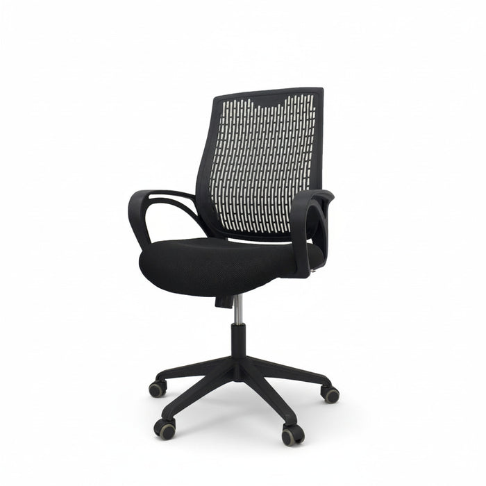Managerial chair with black mesh backrest, padded armrests and seat cushion, swivel base