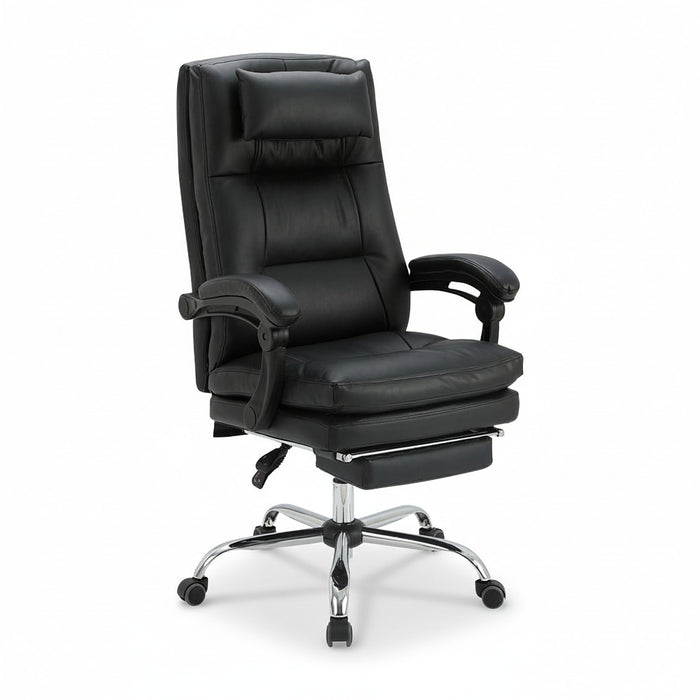 Black executive office chair with padded back, armrests, and chrome swivel base