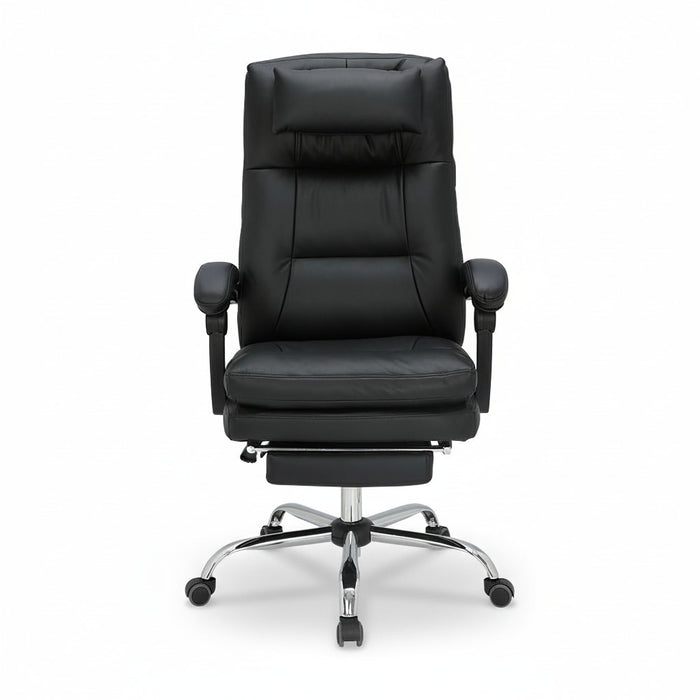 Black executive chair front view with cushioned seat, armrests, and swivel base