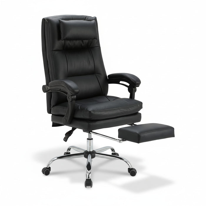 Black executive chair with reclining back and fold-out footrest, chrome base