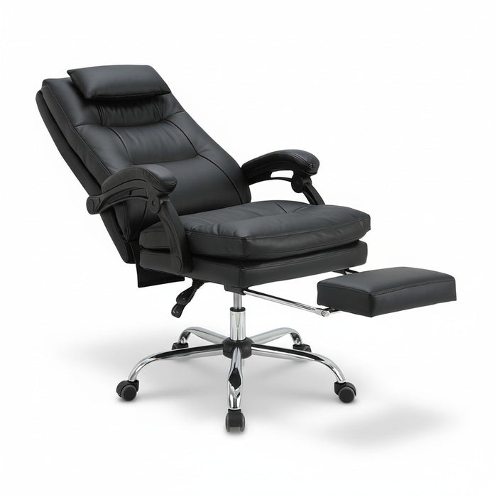 Black executive office chair angled view with fold-out footrest and chrome stand