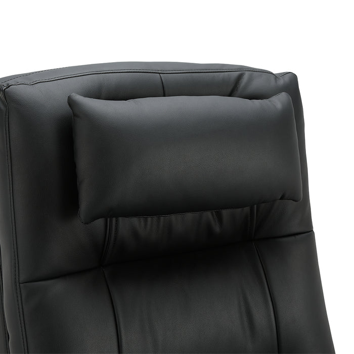 Close-up of black padded chair back with headrest and stitched cushion panels