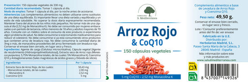 (Levadura de) Arroz Rojo con CoQ10 - 150 Capsulas. Herbolario S. Mediterránea
