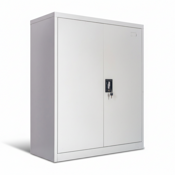 Mid-height cabinet in light beige with double doors and key lock handle
