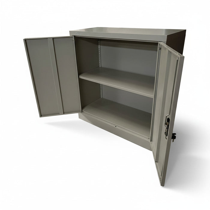 Mid-height cabinet with doors open, showing two interior shelves