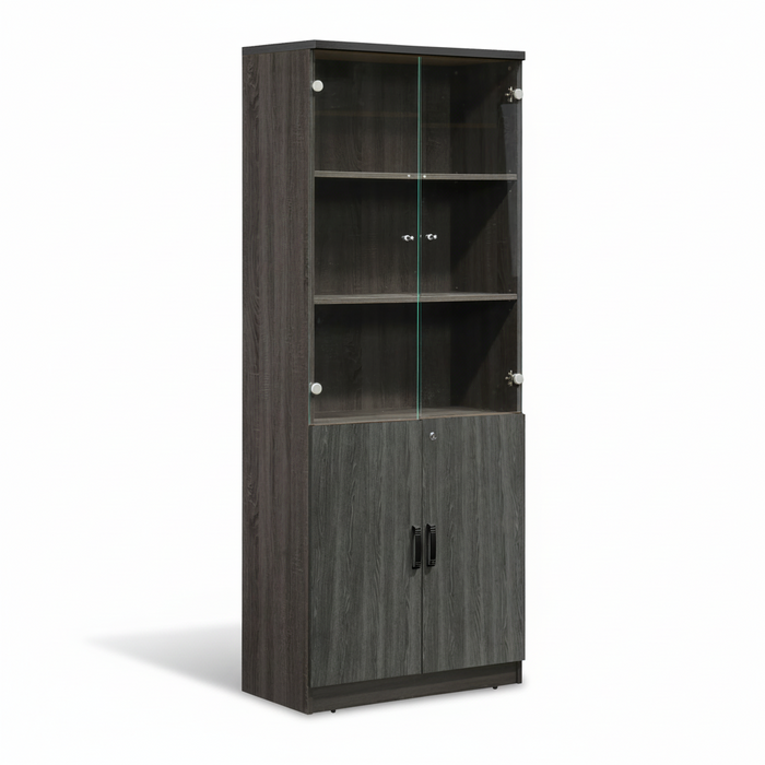 Grey wood bookshelf cabinet with glass door and open shelves, two-door base