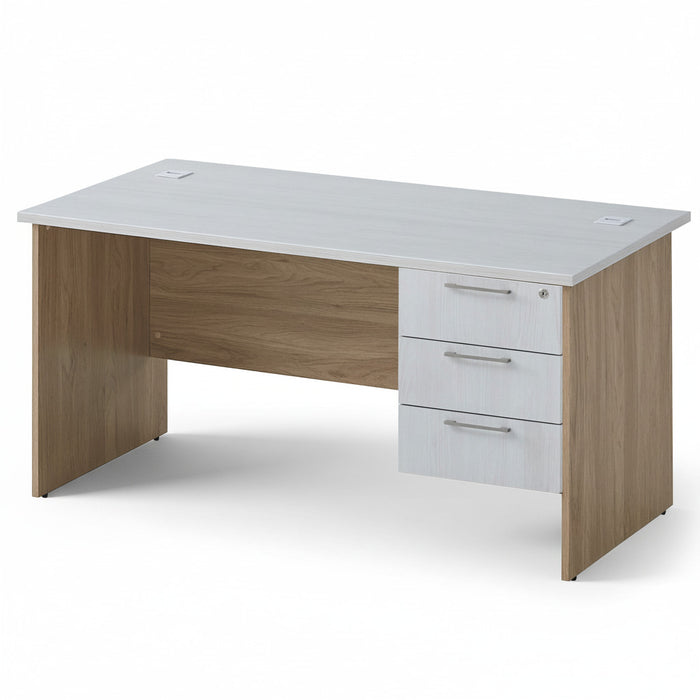 Office desk with light oak frame, white top, three drawers