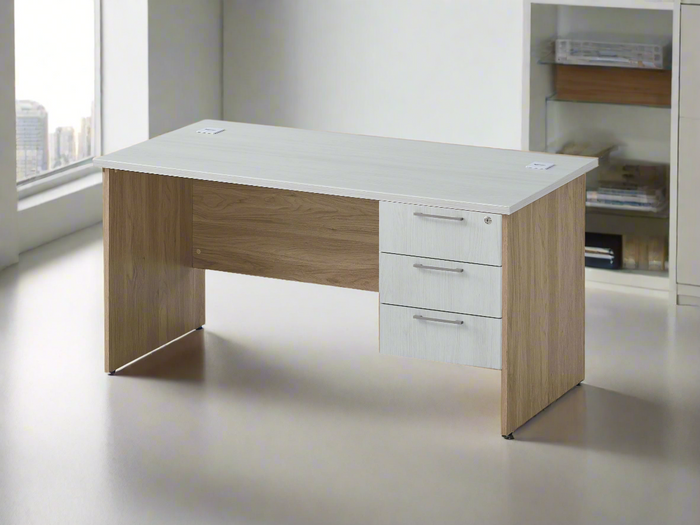 Executive desk in light wood with three-drawer cabinet and open knee space